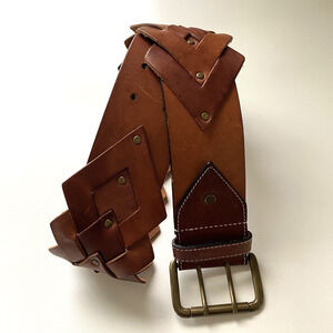 Olga Santini Genuine Brown Leather Braided Stud Belt Women's Small 35"x3" Boho